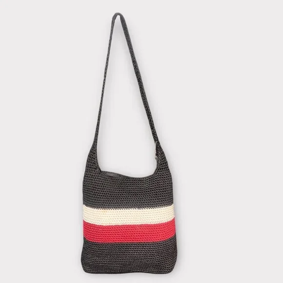 The Sak Hobo Shoulder Bag Black Red Beige Crocheted Crossbody Boho Grannycore - Picture 4 of 7